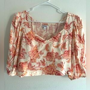 Express Women's Floral Top - Cream and Pink
